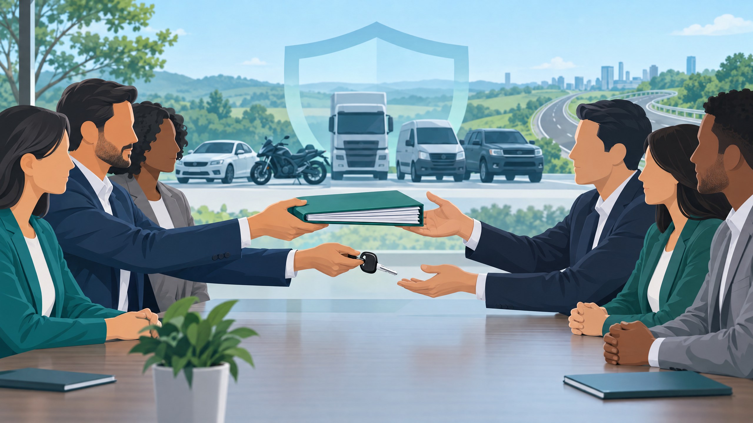 Ilustração de uma transição documentada entre administradoras, com documentos e veículos ao fundo em uma estrada contínua.
